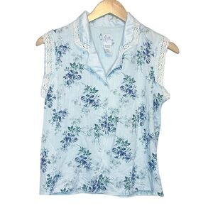 Y2K Aria Cottagecore Grandma Style Floral Lace Cap Sleeve Button Down Blouse S